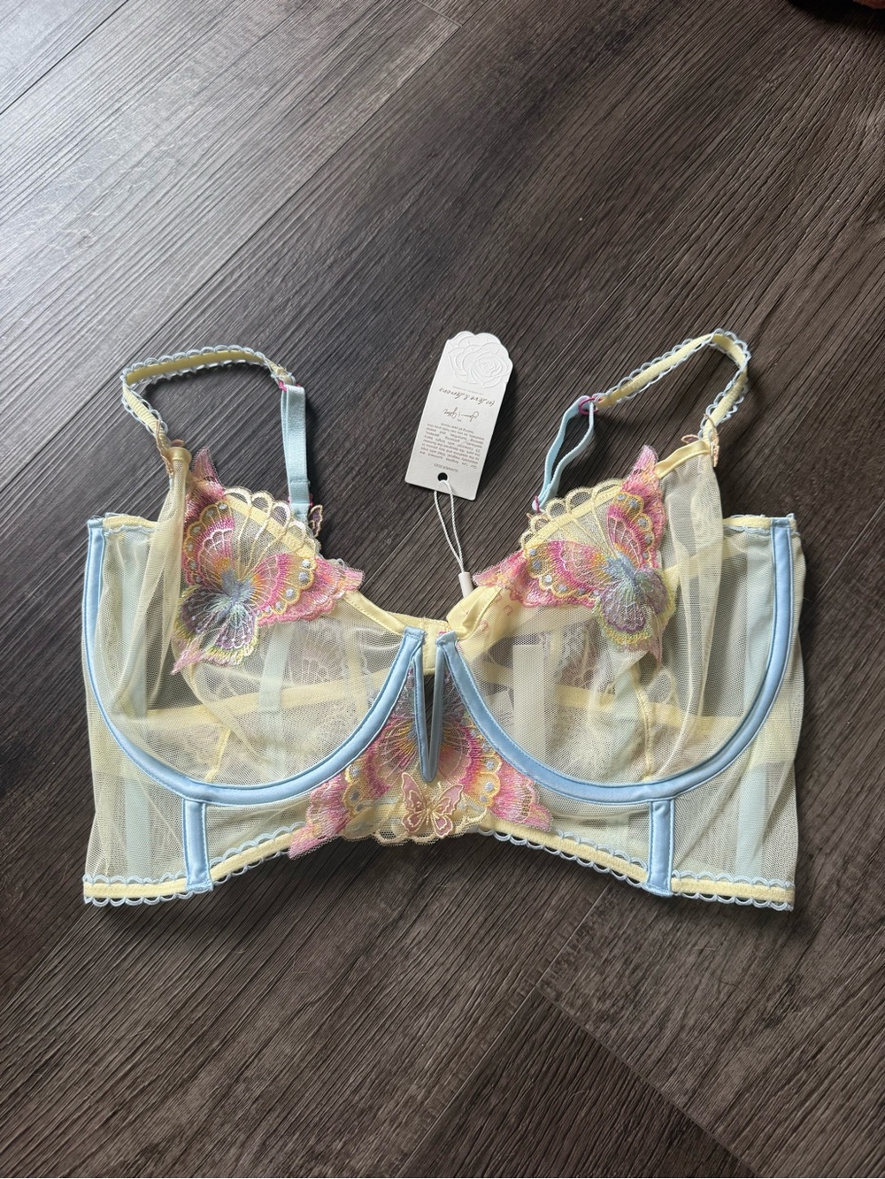 For Love & Lemons Yellow Sheer Bra with Blue Trim and Pink Floral Embroidery